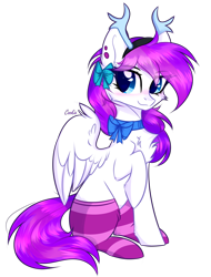 Size: 2392x3144 | Tagged: safe, artist:lazuli, oc, oc only, oc:lavanda, species:pegasus, species:pony, g4, antlers, bow, chest fluff, clothing, commission, ear piercing, hair bow, pegasus oc, piercing, raised hoof, reindeer antlers, simple background, sitting, smiling, socks, solo, striped socks, transparent background, wings, ych result