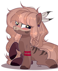 Size: 2053x2512 | Tagged: safe, artist:lazuli, oc, oc only, species:earth pony, species:pony, g4, blushing, colored hooves, commission, earth pony oc, feather, raised hoof, simple background, solo, transparent background, ych result