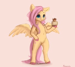 Size: 2794x2515 | Tagged: safe, artist:miokomata, character:fluttershy, oc, oc:coffee, species:pegasus, species:pony, species:unicorn, g4, belly button, bipedal, chest fluff, coffee mug, colored hooves, cup, cup of pony, duo, female, freckles, freckleshy, heart, looking at you, mare, micro, mug, semi-anthro, simple background, smiling, solo focus