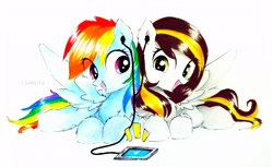 Size: 3662x2234 | Tagged: safe, artist:liaaqila, character:rainbow dash, oc, species:pegasus, species:pony, g4, commission, earbuds, eye clipping through hair, female, mare, traditional art