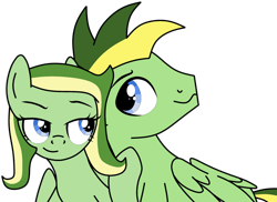 Size: 1280x934 | Tagged: safe, artist:didgereethebrony, artist:lazuli, base used, oc, oc:boomerang beauty, oc:didgeree, species:pegasus, species:pony, g4, brother and sister, female, male, siblings, simple background, trace, transparent background
