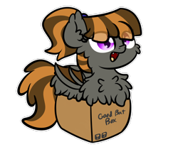 Size: 3250x2688 | Tagged: safe, artist:kimjoman, part of a set, oc, oc only, oc:mythic dawn, species:bat pony, species:pony, g4, :d, bat pony oc, bat wings, box, commission, cute, ear fluff, eyebrows, eyebrows visible through hair, fangs, female, fluffy, hair tie, happy, pony in a box, ponytail, purple eyes, simple background, slit eyes, solo, transparent background, wings, ych result