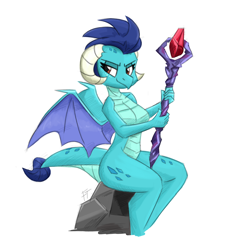 Size: 1500x1650 | Tagged: safe, artist:flutterthrash, character:princess ember, species:anthro, species:dragon, g4, bloodstone scepter, breasts, busty princess ember, dragoness, female, simple background, sitting, solo, white background