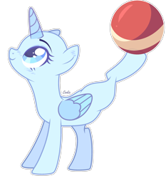 Size: 2092x2248 | Tagged: safe, artist:lazuli, oc, oc only, species:alicorn, species:pony, g4, alicorn oc, bald, ball, base, buckball, eyelashes, horn, looking up, raised leg, simple background, smiling, solo, transparent background, wings