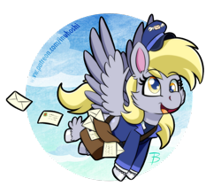 Size: 888x777 | Tagged: safe, artist:inuhoshi-to-darkpen, character:derpy hooves, species:pegasus, species:pony, episode:unboxing day, g4.5, my little pony: pony life, my little pony:pony life, spoiler:pony life s01e30, cheek fluff, female, flying, hoof fluff, letter, mail, mailbag, open mouth, simple background, solo, transparent background