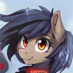 Size: 1024x1024 | Tagged: safe, ai model:thisponydoesnotexist, oc, species:earth pony, species:pony, g4, clothing, female, happy, looking at you, mare, messy mane, neural network, smiling, smiling at you, sweater, yellow eyes