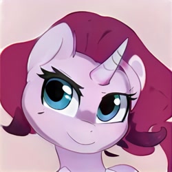 Size: 1024x1024 | Tagged: safe, ai model:thisponydoesnotexist, oc, species:pony, species:unicorn, g4, female, looking to the left, mare, mischevious, neural network, plotting, smiling, smirk, up to no good