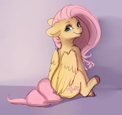 Size: 2548x2396 | Tagged: safe, artist:miokomata, character:fluttershy, species:pony, species:unicorn, g4, :3, butt, colored hooves, cute, cute little fangs, fangs, female, floppy ears, freckles, freckleshy, mare, plot, shyabetes, sitting, smiling, solo
