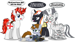 Size: 11845x6702 | Tagged: safe, artist:vector-brony, oc, oc only, oc:life bloom, oc:littlepip, oc:velvet remedy, oc:xenith, fallout equestria, g4, bandage, burn, clothing, dialogue, fluttershy medical saddlebag, pipbuck, simple background, transparent background, vault suit
