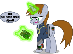Size: 4089x3019 | Tagged: safe, artist:vector-brony, oc, oc only, oc:littlepip, species:pony, species:unicorn, fallout equestria, g4, clothing, dialogue, disgusted, fanfic, fanfic art, female, glowing horn, hooves, horn, levitation, magic, mare, open mouth, pipboy, pipbuck, raised hoof, simple background, solo, speech bubble, telekinesis, transparent background, vault suit