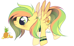 Size: 1024x643 | Tagged: safe, artist:lazuli, oc, oc only, species:pegasus, species:pony, g4, ear piercing, earring, flying, food, jewelry, looking down, pegasus oc, piercing, pineapple, simple background, solo, transparent background, two toned wings, wings, wristband