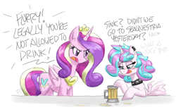 Size: 3000x1908 | Tagged: safe, artist:flutterthrash, character:princess cadance, character:princess flurry heart, species:alicorn, species:pony, g4, alcohol, blushing, choker, cider, dialogue, drunk, female, mother and child, mother and daughter, older, older flurry heart, piercing, princess emo heart, punk, spiked choker, teenage flurry heart, teenager, this will end in death, this will end in tears, this will end in tears and/or death, underaged drinking