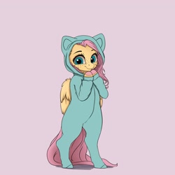 Size: 4000x4000 | Tagged: safe, artist:miokomata, character:fluttershy, species:pegasus, species:pony, g4, absurd resolution, bipedal, cat's pajamas, clothing, colored hooves, costume, cute, cute little fangs, fangs, female, footed sleeper, footie pajamas, freckles, freckleshy, kigurumi, looking at you, mare, onesie, pajamas, purple background, semi-anthro, shyabetes, simple background, solo