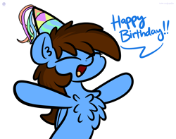 Size: 3250x2560 | Tagged: safe, artist:kimjoman, oc, oc only, oc:pegasusgamer, species:pegasus, species:pony, g4, birthday, bust, celebration, chest fluff, clothing, ear fluff, eyes closed, happy, hat, simple background, transparent background, wings