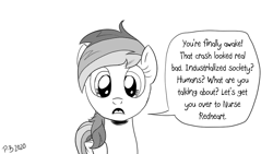 Size: 1200x675 | Tagged: safe, artist:pony-berserker, character:rainbow dash, species:pegasus, species:pony, g4, black and white, dialogue, female, grayscale, mare, meme, monochrome, ponified meme, pony-berserker's twitter sketches, skyrim, the elder scrolls, you're finally awake