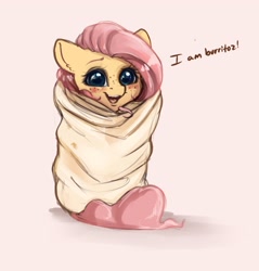 Size: 3081x3225 | Tagged: safe, artist:miokomata, character:fluttershy, species:pegasus, species:pony, g4, blanket burrito, blushing, burrito, cute, dawwww, dialogue, ear fluff, female, freckles, freckleshy, high res, looking at you, mare, miokomata is trying to murder us, open mouth, pink background, shyabetes, simple background, smiling, solo, talking to viewer, weapons-grade cute