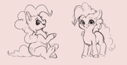 Size: 3604x1855 | Tagged: safe, artist:miokomata, character:pinkie pie, species:earth pony, species:pony, g4, cute, diapinkes, female, looking at you, mare, monochrome, simple background, sitting, sketch, solo