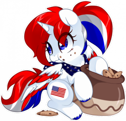 Size: 700x675 | Tagged: safe, artist:loyaldis, oc, oc only, oc:liberty belle, species:pony, g4, american flag, commission, cookie, cookie jar, crumbs, eating, female, food, mare, simple background, solo, transparent background, your character here
