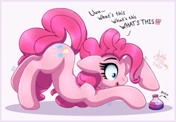 Size: 2160x1504 | Tagged: safe, artist:joakaha, character:pinkie pie, species:earth pony, species:pony, g4, crouching, face down ass up, female, mare, potion, simple background, solo, white background