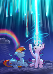 Size: 2856x3962 | Tagged: safe, alternate version, artist:xbi, character:rainbow dash, character:starlight glimmer, species:pegasus, species:pony, species:unicorn, g4, aurora borealis, backwards cutie mark, chest fluff, cloud, duo, ear fluff, feather, female, glowing horn, high res, horn, looking up, magic, magic overload, mare, night, on a cloud, open mouth, rain, rainbow, shocked, shocked expression, shooting star, sitting, sitting on a cloud, sky, stars, textless version