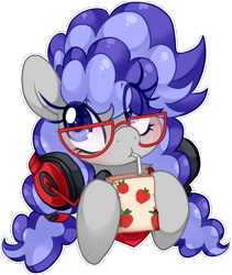 Size: 1296x1532 | Tagged: safe, artist:loyaldis, oc, oc only, oc:cinnabyte, species:earth pony, species:pony, g4, adorkable, bandana, blushing, commission, cute, dork, female, gaming headset, glasses, headphones, headset, juice, juice box, mare, simple background, smiling, solo, transparent background, ych result, your character here