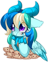 Size: 1000x1297 | Tagged: safe, artist:loyaldis, oc, oc only, oc:arctic plasma, species:dracony, species:dragon, species:pony, g4, chest fluff, chocolate chip cookies, claws, cookie, eating, female, food, horns, hybrid, simple background, transparent background
