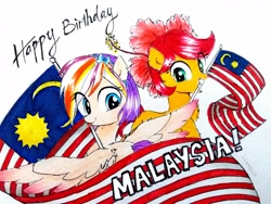 Size: 3096x2322 | Tagged: safe, artist:liaaqila, oc, oc:qilala, oc:rosa blossomheart, g4, blep, bunga raya, cute, flag, flower, flower in hair, hibiscus, jalur gemilang, malay independence day, malaysia, malaysian flag, ocbetes, simple background, tongue out, white background