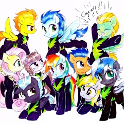 Size: 2322x2322 | Tagged: safe, alternate version, artist:liaaqila, character:derpy hooves, character:flash sentry, character:fluttershy, character:inky rose, character:lightning dust, character:rainbow dash, character:soarin', character:spitfire, character:thunderlane, oc, oc:elizabat stormfeather, species:alicorn, species:bat pony, species:pegasus, species:pony, episode:the washouts, g4, my little pony: friendship is magic, alicorn oc, bat pony alicorn, bat pony oc, bat wings, clothing, commission, cute, description at source, description is relevant, dustabetes, eyes closed, female, flying, grin, horn, male, mare, open mouth, raised eyebrow, raised hoof, simple background, smiling, smirk, stallion, traditional art, uniform, washouts uniform, white background, wings