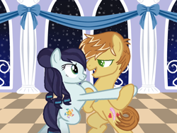 Size: 2064x1548 | Tagged: safe, artist:themexicanpunisher, edit, character:coloratura, character:feather bangs, ship:colorabangs, g4, dance floor, dancing, female, looking at each other, lyrics in the description, male, night, shipping, smiling, straight, tango, youtube link