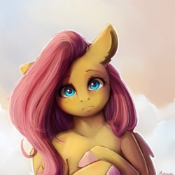Size: 4000x4000 | Tagged: safe, artist:miokomata, character:fluttershy, species:pegasus, species:pony, g4, absurd resolution, cloud, cloudy, colored hooves, detailed, female, freckles, freckleshy, high res, human shoulders, looking at you, mare, solo, staring into your soul