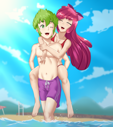Size: 1716x1920 | Tagged: safe, alternate version, artist:thebrokencog, character:apple bloom, character:spike, species:human, ship:spikebloom, g4, anime, apple bloom's bow, beach, bikini, bow, clothing, commission, eyes closed, female, hair bow, humanized, male, one eye closed, piggyback ride, sand, shipping, shorts, straight, swimsuit, water, wink