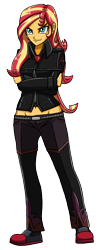 Size: 1128x2891 | Tagged: safe, artist:artemis-polara, character:sunset shimmer, species:eqg human, g4, my little pony:equestria girls, alternate hairstyle, belly button, clothing, female, human sunset, jacket, low rise jeans, magical geodes, midriff, pants, simple background, solo, transparent background