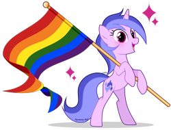 Size: 2360x1795 | Tagged: safe, artist:lazuli, character:sea swirl, species:pony, species:unicorn, g4, bipedal, commission, eyelashes, female, flag, gay pride flag, hoof hold, mare, open mouth, pride, pride flag, rainbow flag, simple background, smiling, solo, transparent background, ych result