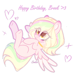 Size: 1632x1720 | Tagged: safe, artist:lazuli, oc, oc only, species:pegasus, species:pony, g4, blushing, choker, commission, eye clipping through hair, eyelashes, happy birthday, lying down, multicolored hair, on back, pegasus oc, rainbow hair, simple background, smiling, solo, transparent background, underhoof, wings, ych result