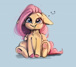 Size: 2659x2317 | Tagged: safe, artist:miokomata, character:fluttershy, species:pegasus, species:pony, g4, :3, blue background, blushing, colored hooves, cute, female, floppy ears, freckles, freckleshy, frog (hoof), grin, high res, looking at you, mare, shyabetes, simple background, sitting, smiling, solo, underhoof