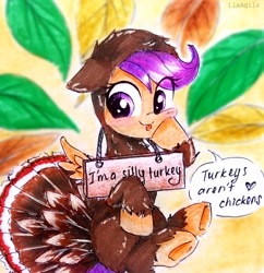 Size: 2322x2396 | Tagged: safe, artist:liaaqila, character:scootaloo, species:bird, species:pegasus, species:pony, g4, cute, cutealoo, scootachicken, scootaloo can fly, sign, silly, silly face, silly pony, turkey, turkey costume