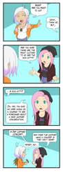 Size: 467x1267 | Tagged: safe, artist:eve-ashgrove, character:fluttershy, character:gilda, species:human, ship:gildashy, g4, 4koma, chibi, cinderella (band), comic, cute, def leppard, dialogue, female, foreigner, gildadorable, humanized, journey (band), lesbian, misunderstanding, oblivious, painfully innocent fluttershy, shipping