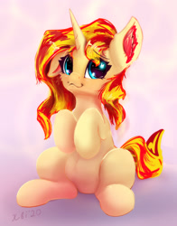 Size: 2267x2886 | Tagged: safe, artist:xbi, character:sunset shimmer, species:pony, species:unicorn, g4, abstract background, cute, female, looking at you, mare, sitting, smiling, solo