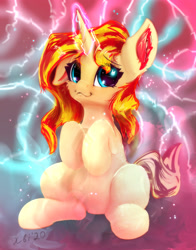 Size: 2267x2886 | Tagged: safe, artist:xbi, character:sunset shimmer, species:pony, species:unicorn, g4, abstract background, cute, female, looking at you, magic, magic overload, mare, sitting, smiling, solo