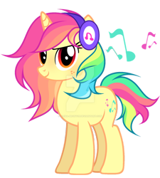 Size: 1024x1137 | Tagged: safe, artist:lazuli, oc, oc only, species:pony, species:unicorn, g4, confident, deviantart watermark, eyelashes, freckles, headphones, horn, looking at you, multicolored hair, music notes, obtrusive watermark, rainbow hair, simple background, smiling, smiling at you, solo, tomboy, transparent background, unicorn oc, watermark