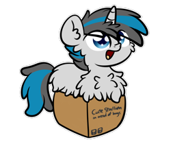 Size: 3250x2688 | Tagged: safe, artist:kimjoman, part of a set, oc, oc only, oc:solar gizmo, species:pony, species:unicorn, g4, box, cardboard box, chest fluff, commission, cute, fluffy, if i fits i sits, male, pony in a box, simple background, solo, transparent background, ych result