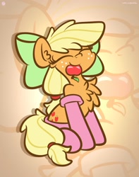 Size: 2560x3250 | Tagged: safe, artist:kimjoman, character:applejack, species:earth pony, species:pony, g4, apple, bow, chest fluff, clothing, cute, ear fluff, eyes closed, female, food, freckles, hair bow, herbivore, jackabetes, mare, mouth hold, socks, solo, thigh highs, zoom layer