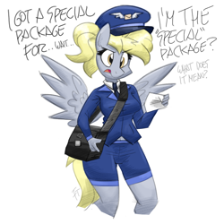 Size: 1500x1500 | Tagged: safe, artist:flutterthrash, character:derpy hooves, species:anthro, g4, clothing, dialogue, female, hat, mailbag, mailmare, mailmare uniform, simple background, solo, white background