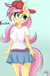Size: 1569x2375 | Tagged: safe, artist:freefraq, character:fluttershy, species:anthro, species:pegasus, species:pony, g4, 90s grunge fluttershy, blushing, breasts, busty fluttershy, cap, clothing, cute, ear fluff, female, gameloft interpretation, hat, shyabetes, skirt