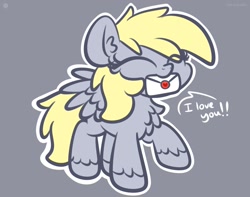 Size: 1200x945 | Tagged: safe, artist:kimjoman, character:derpy hooves, species:pegasus, species:pony, g4, bronybait, chest fluff, chibi, cute, derpabetes, ear fluff, eyes closed, female, gray background, i love you, letter, mare, mouth hold, raised hoof, simple background, solo, unshorn fetlocks