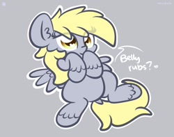 Size: 1200x945 | Tagged: safe, artist:kimjoman, character:derpy hooves, species:pegasus, species:pony, g4, bellyrub request, bellyrubs, bronybait, chest fluff, chibi, cute, derpabetes, ear fluff, female, gray background, mare, raised hoof, simple background, solo, unshorn fetlocks