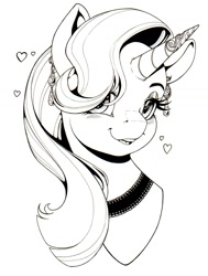 Size: 1007x1329 | Tagged: safe, artist:longinius, character:starlight glimmer, species:pony, species:unicorn, g4, accessories, blushing, bust, choker, ear piercing, earring, female, filagree, heart, horn, horn jewelry, jewelry, looking at you, monochrome, piercing, portrait, simple background, solo, white background