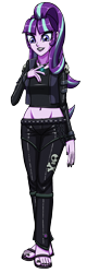 Size: 1096x3000 | Tagged: safe, artist:artemis-polara, character:starlight glimmer, g4, my little pony:equestria girls, alternate hairstyle, belly button, belt, clothing, feet, female, magical geodes, nail polish, pants, piercing, sandals, simple background, skull, skull and crossbones, toenail polish, transparent background, vest
