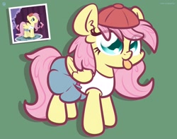 Size: 3250x2560 | Tagged: safe, artist:kimjoman, gameloft, character:fluttershy, species:pegasus, species:pony, g4, 90s grunge fluttershy, alternate hairstyle, backwards ballcap, baseball cap, belt, blep, cap, clothing, cute, ear fluff, female, gameloft interpretation, green background, hat, mare, shyabetes, simple background, skirt, solo, tank top, tongue out