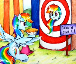 Size: 2783x2322 | Tagged: safe, artist:liaaqila, character:rainbow dash, species:pegasus, species:pony, g4, my little pony:equestria girls, blep, cute, female, food, human ponidox, open mouth, pie, pie in the face, ponidox, self ponidox, smiling, tongue out